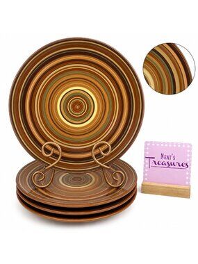 Raymond Waites Certified Intl RONDO Brown Rust Yellow Rings Dinner Plate Set 4